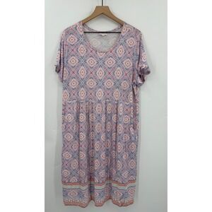 J Jill Dress Womens 1X Purple‎ Geometric Stretch Short Sleeve Knee Length